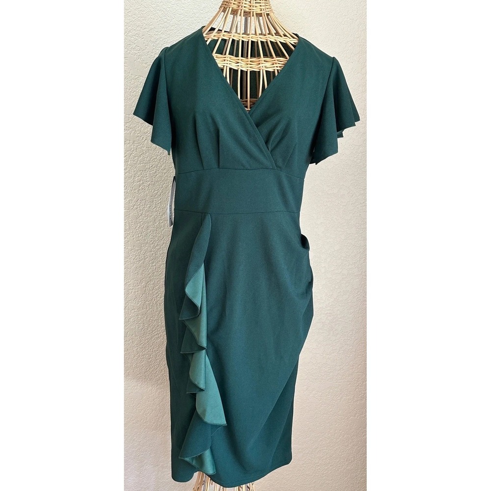 Chiccloth M Kelly Green Flutter Sleeve Ruffle Side Gathered Cocktail Dress NWT